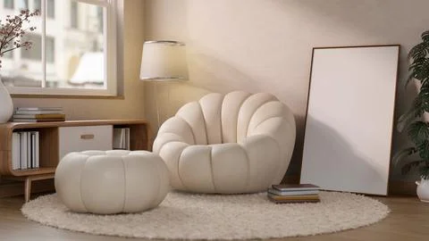 Sofa couch and stool chair with frame canvas on carpet floor aside table an.. Stock Illustration