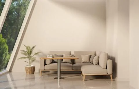 Sofa couch and table aside pot plant with sunlight through slope glass wind.. Stock Illustration