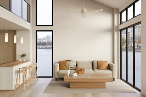 Sofa couch and table aside counter bar and stool chair on wooden parquet fl.. Ilustración de archivo