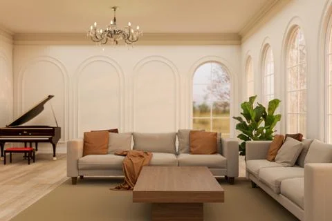Sofa couch and table on carpet and piano on wood floor in living room with .. イラスト素材