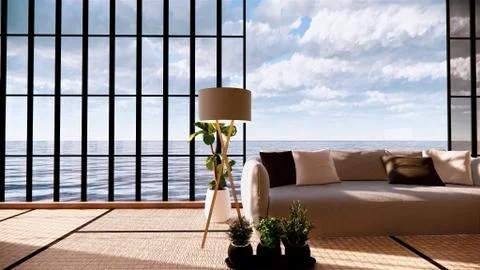 Sofa on empty room japanese design on tatami mat ,3D rendering Stock Illustration