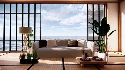 Sofa on empty room japanese design on tatami mat ,3D rendering Stock Illustration