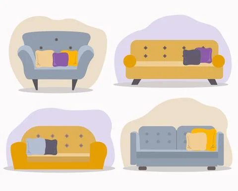 Sofa flat vector set. Collection of stylish and bright sofas for interior des Stock Illustration