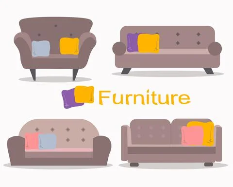 Sofa flat vector set. Comfortable couch collection isolated on white backgrou Stock Illustration