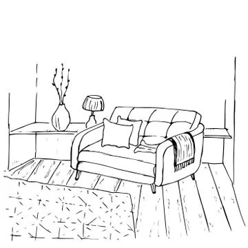 Sofa isolated on a white background. Vector illustration in sketch style. Stock Illustration