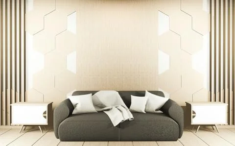 Sofa on modern roon interior with hexagon tiles wooden on wall. 3D rendering Stock Illustration