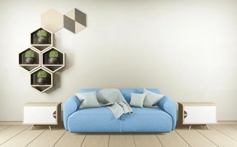Sofa on modern roon interior with hexagon tiles wooden on wall. 3D rendering Stock Illustration