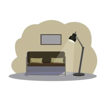 A sofa with mustard colored pillows with white polka dots. Stock Illustration