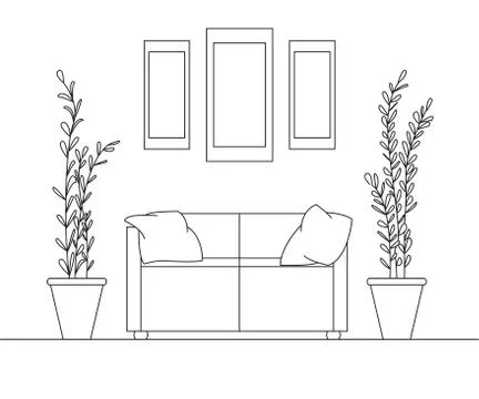 Sofa with pillows, on the sides large pots with plants. Illustrazione stock