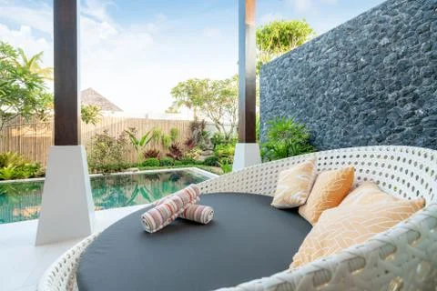 Sofa at the pool villas Stock Photos