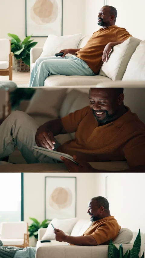 Sofa, relax or black man watching in home montage for online subscription, Stock Footage 338108133