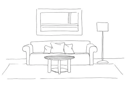 Sofa, round table in front of her. Floor lamp on the side. Stock Illustration