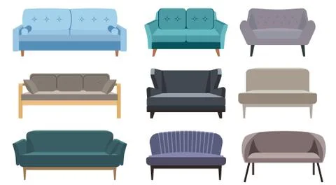 Sofa set. Collection of sofa in flat style. Vector cartoon illustration. Coll Stock Illustration