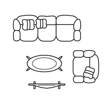 Sofa set with pillows and coffee table in top view Stock Illustration