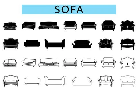 Sofa silhouette black fill vector, Sofa vector art, Modern furniture sofa Stock Illustration