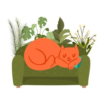 Sofa with sleeping cat relax at home, cute pet domestic animals cartoon isolated Ilustración de archivo