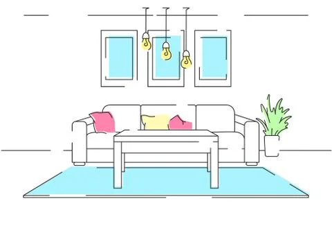 Sofa, table, part of the room. Linear interior with colored elements. Stock Illustration