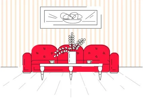 Sofa, table, part of the room. Linear interior with colored elements. Stock Illustration