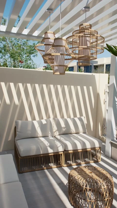 Sofa under a canopy in the backyard of a luxury villa in Dubai on a sunny day Stock Footage 280307520