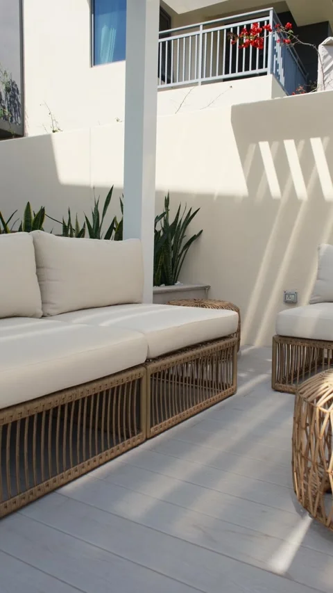Sofa under a canopy in the backyard of a luxury villa in Dubai on a sunny day Stock Footage 308352851