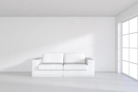 Sofa on white room with large window. 3d rendering Illustrazione stock