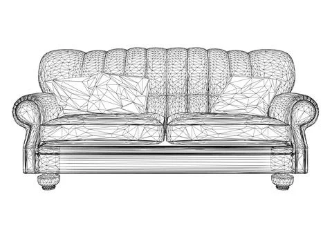 Sofa wireframe with black line pillows isolated on white background. Front .. Stock Illustration