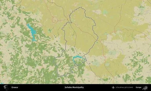 Sofades Municipality outlined, Greece. Topographic Humanitarian Stock Illustration