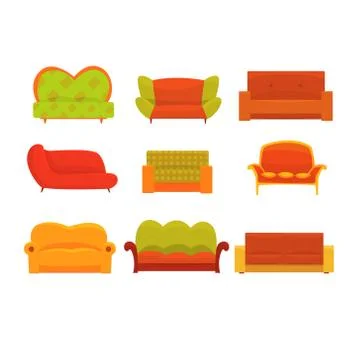 Sofas and armchairs, Interior elements. Comfortable couch set of colorful Illustrazione stock