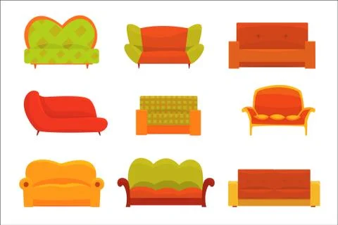 Sofas and armchairs, Interior elements. Comfortable couch set of colorful Illustrazione stock