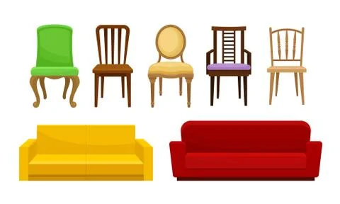 Sofas and Chairs Collection, Comfortable Home Furniture, Interior Design Illustrazione stock