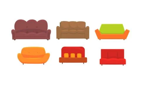 Sofas and Couches Vector Set. Furniture Items for Bedroom Interior 스톡 일러스트