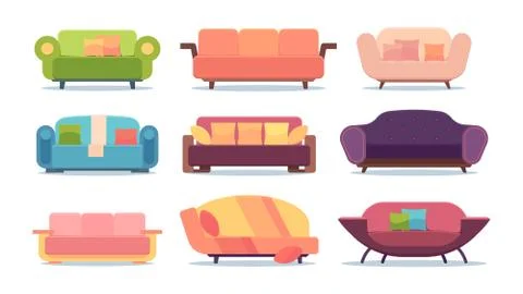 Sofas collection. comfortable soft home furniture decorated simple fabric coach Stock Illustration