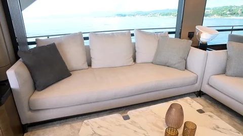 Sofas in the salon on the main deck of a luxury yacht. Stock Footage 124249545