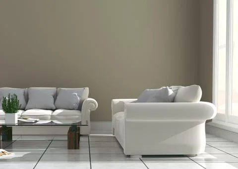 Sofas the wall with table and vase - modern room. 3D rendering 스톡 일러스트
