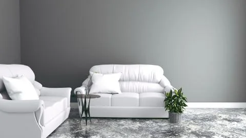 Sofas the wall with table and vase - modern room. 3D rendering 스톡 일러스트
