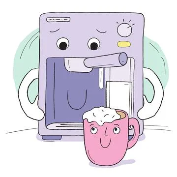 Сoffee machine and cup of cappuccino doodles Illustrazione stock