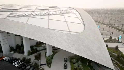SoFi Stadium Canopy Edge and Entrance Columns, 4K Pass Stock Footage 148532027