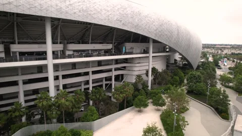 SoFi Stadium Curved Canopy and Entrance Plaza, Inglewood, Aerial Pass, 4K Stock Footage 247485051