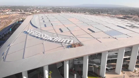 SoFi Stadium Rooftop Lettering and Canopy, Inglewood Aerial Pass, 4K Stock Footage 148354816