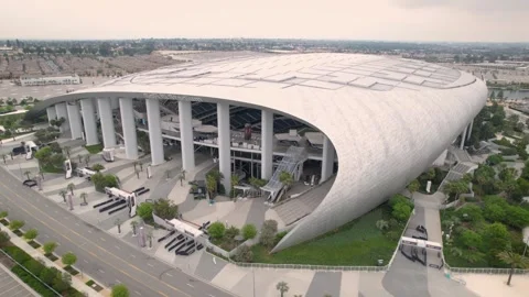 SoFi Stadium Rounded Facade to Roof Lettering, Aerial Arc, 4K Stock Footage 247485027