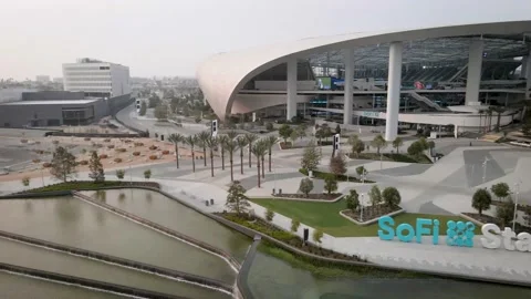 SoFi Stadium Waterfront Sign and Entrance, 4K Orbit Stock Footage 148532013