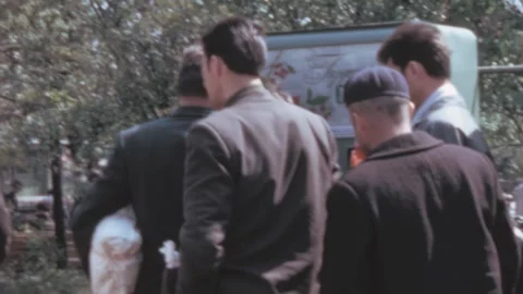 Sofia - 1967: People wait near an old-style small juice shop in Bulgaria 스톡 동영상 168601124