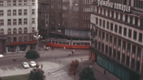 Sofia - 1969: electric tram passes downtown in the Capital City Vídeos de archivo 170540727