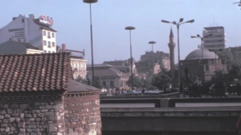 Sofia - 1981: capital buildings panorama in city center with muslim mosque Stock Footage 204064449