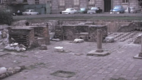 Sofia - 1981: old historical ruins with city panorama in Bulgaria capital in 80s Stock Footage 204064457