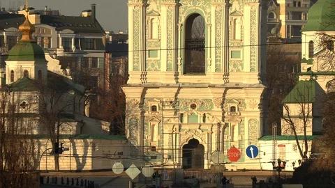 Sofia bell tower of Saint Sophia Cathedral in Kiev at sunny spring day, Kiev Video stock 111723996