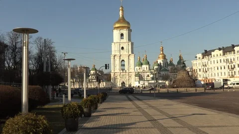 Sofia bell tower of Saint Sophia Cathedral in Kiev at sunny spring day, Kiev Video stock 111724452