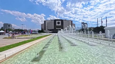 Sofia, Bulgaria - 06.06.2026. Wide panoramic view of fountains in front of the Stock Footage 336717197