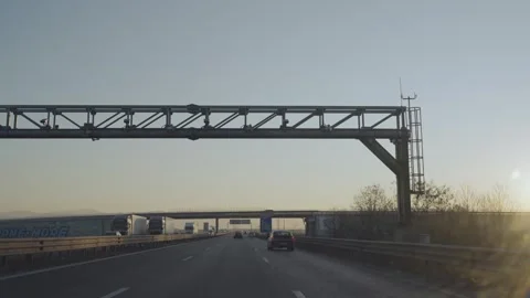Sofia, Bulgaria - 12 Mar, 2023: Truck convoy traffic on highway road in the m Stock Footage 260706065
