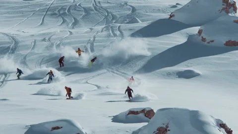 Sofia, Bulgaria 23 February 2017: A group of Freestyle skiers charge down over t Video stock 141908356